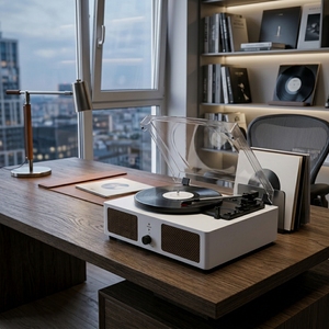 Tourne-disque <span class=keywords><strong>vinyle</strong></span> moderne blanc avec connexion <span class=keywords><strong>Bluetooth</strong></span> sans fil, 3 vitesses, idéal pour les mariages et les cadeaux d'anniversaire - Product Image 3