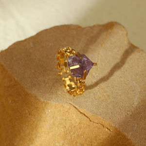 Bagues ouvertes réglables en acier inoxydable pour femmes avec pierre naturelle plaqué or 18 carats cadeau de fiançailles étanche - Product Image 6