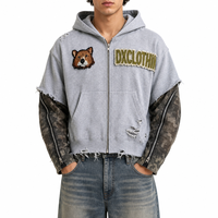 Sweat-shirt à capuche zippé court personnalisé gris camouflage 320 g/m² avec patch animal et appliqué lettres chaîne, effet vieilli, style streetwear, OEM ODM