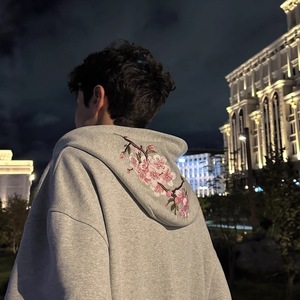 <span class=keywords><strong>Felpa</strong></span> con Cappuccio Unisex con Zip Integrale e Ricamo Floreale, Oversize, Pesante, Stile Streetwear - Product Image 4