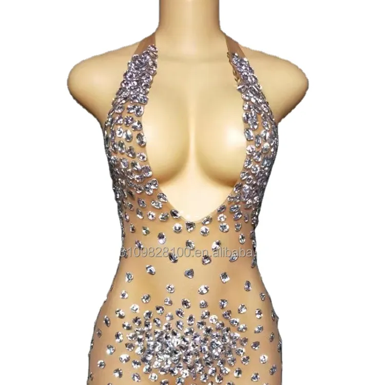 Glitter elmas streç kadınlar için tulum doğum günü kutlama elbise dansçılar aşınma çubuğu dans şarkıcı elbise 2022 gümüş