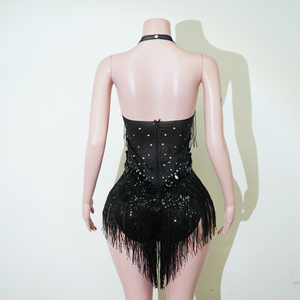 Justaucorps <span class=keywords><strong>Noir</strong></span> Onyx Spandex avec Strass et Franges pour Cabaret, Diva de Scène, Spectacle Burlesque, Performer, Danseuse - Product Image 4