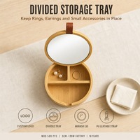 Boîte de rangement en bambou personnalisée avec logo, couvercle miroir, organisateur de bijoux rond en bois, plateau de vanité avec miroir, OEM ODM pour cadeau