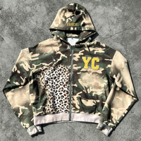 Sweat à capuche zippé court en coton épais 400 g/m² brodé, motif camouflage, délavé à l'acide, effet vieilli, pour homme, style vintage