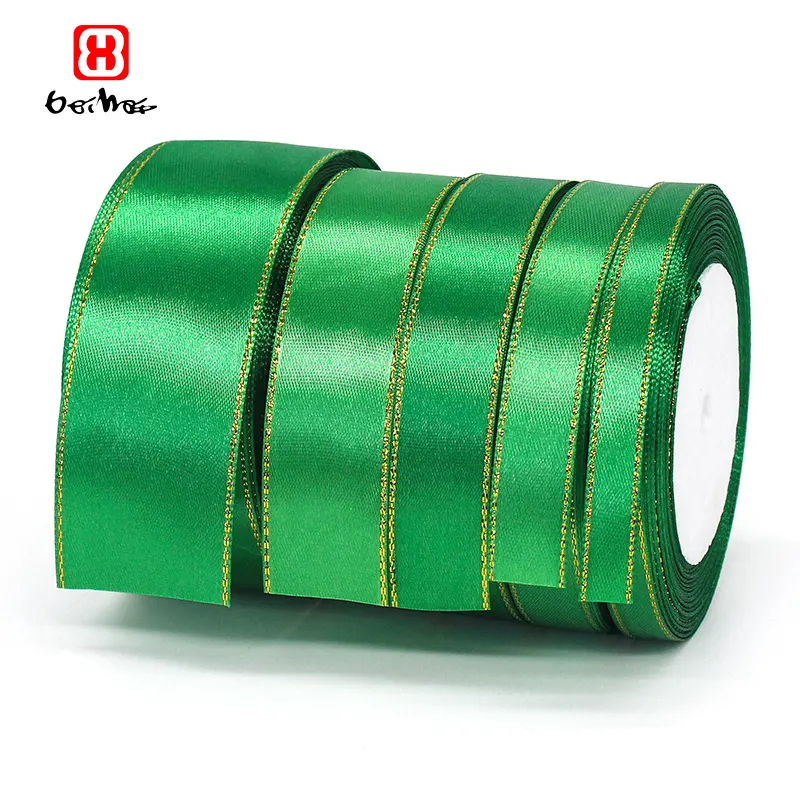 Fabrik Großhandel Polyester Grün Farbe Glittered Gold Edge Single Face Satin Ribbon Roll für Geschenk bänder