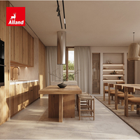 Cuisine ouverte Alland, meubles de cuisine en kit, en aulne noueux, sans poignées, finition teintée, avec îlot central extensible