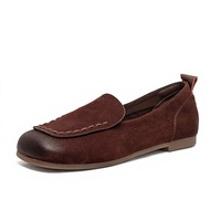 Mocassins en daim marron en cuir véritable à bout carré, à enfiler, avec design cousu plat, semelle extérieure en caoutchouc, chaussures décontractées pour la marche, toutes saisons