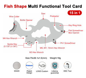 Tùy Chỉnh Thiết Kế Logo Cá Nhân Mini Hình Dạng Cá Kim Loại Mở Chai <span class=keywords><strong>Keychain</strong></span> Đa-Chức Năng 15 1 Công Cụ Lưu Niệm Cho Quà Tặng - Product Image 2