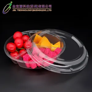 Caixa de embalagem para animais descartáveis, caixa transparente de plástico redonda 3 compartimentos para salada de frutas interna com capa de fábrica