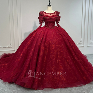 XS298 Vestido de Quinceañera Rojo Popular de Manga Larga con Corte Imperio, Cola Capilla, Apliques de Cristal y Estampado con Cuentas - Product Image 3