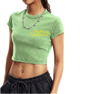 Custom Womens <b>Navy</b> Blue Ringer Crop <b>Top</b> Short Sleeve Loose Casual T Shirt Summer Puff Printing Cropped Tee - Product Image 3