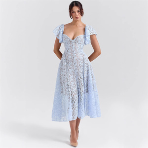 Stile palazzi Retro pizzo a vita alta abito sottile con scollo a V Sexy abiti Midi manica corta per le <span class=keywords><strong>donne</strong></span> - Product Image 1