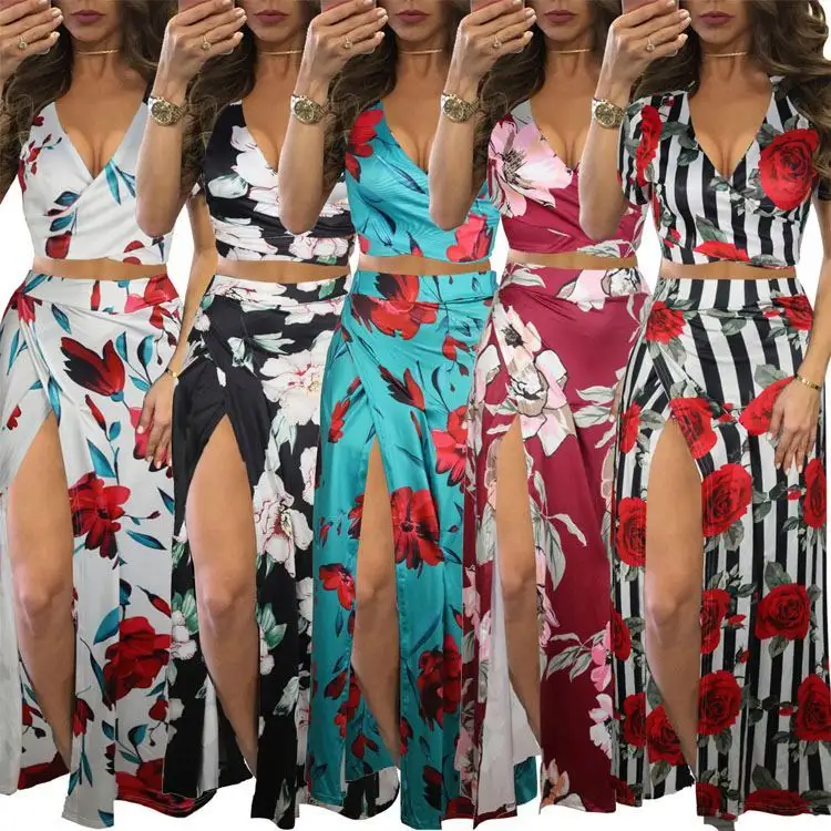 10 renk stil kadın iki parçalı klasik çiçek baskı elbise v yaka kısa kollu uzun elbiseler gündelik tatil Sundress