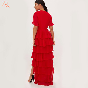 Robe longue rouge en mousseline de soie, col en V profond, à volants - Product Image 2