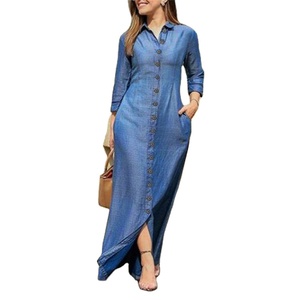 Nuevo <span class=keywords><strong>Vestido</strong></span> Largo <span class=keywords><strong>Vaquero</strong></span> para <span class=keywords><strong>Mujer</strong></span>, Elegante, Vintage, Casual, de Manga Larga, Cintura Alta, Color Sólido, Talla Grande - Product Image 1