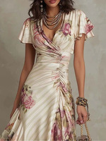 Robe midi élégante Joydressing en satin à imprimé floral, col en V, manches volantées, froncée, pour invitées de mariage et soirées, vente en gros, personnalisable