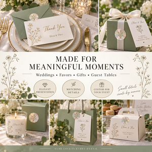 Cartes de remerciement personnalisées en or sur fond vert sauge avec enveloppes et autocollants holographiques pour cadeaux et emballages. - Product Image 2