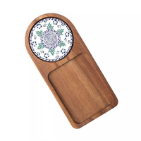 Plateau de service à café élégant en bois avec sous-verre décoratif en céramique, assiette individuelle pour desserts et collations pour café, restaurant, maison