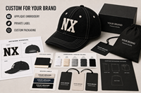 Casquette de baseball 5 panneaux marine personnalisable avec logo, patch lettres crème, surpiqûres contrastées, visière incurvée, broderie, respirante et imperméable