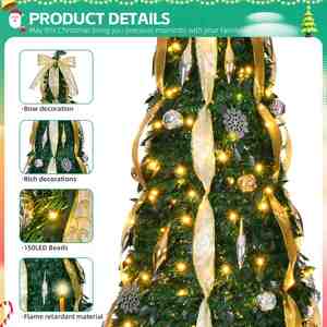 Árbol de Navidad Plegable de 6 pies, Árbol de Navidad Pop-Up con Cintas, Copos de Nieve Navideños y Luces LED - Product Image 3