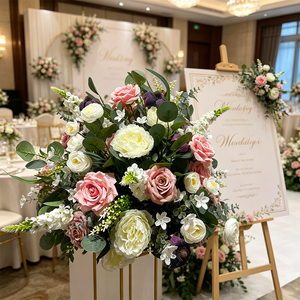 Arreglo Floral Artificial de Seda en Rosa Empolvado, Blanco y Morado Oscuro, Peonía, Rosa y Eucalipto, Centro de Mesa Floral Moderno para Bodas - Product Image 4