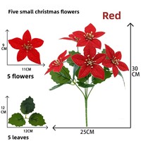 Künstlicher Weihnachtsstern-Strauch mit 5 Glitzerköpfen, 30 cm hoch, für Weihnachtsbaum, Kranz, Heimdekoration und Feiertage