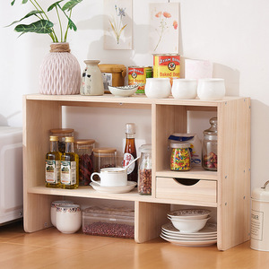 Wooden <b>Desktop</b> Storage <b>Shelf</b> 3 Tier With Drawer For Kitchen Office Organizing - Product Image 2