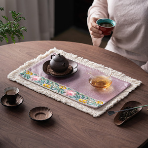 Guanlan Embroidered Tea Mat 40x60cm Washable Chinese Style <b>Table</b> <b>Runner</b> For Tea Ceremony - Product Image 3