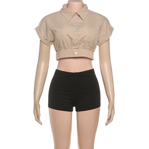 Setelan pakaian jalanan wanita, setelan 2 potong kasual atasan Tank-Top berdada tunggal + celana pendek ketat cocok untuk pakaian olahraga - Product Image 6