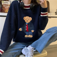 Suéter de punto con bordado de oso lindo estilo universitario OEM, jersey holgado de cuello redondo y manga larga para estudiantes.