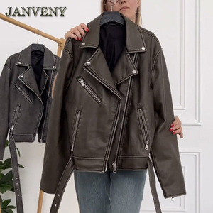 JANVENY 2024 printemps automne Faux <span class=keywords><strong>cuir</strong></span> lavé veste femmes à manches longues revers col Locomotive PU <span class=keywords><strong>Imitation</strong></span> <span class=keywords><strong>cuir</strong></span> <span class=keywords><strong>manteau</strong></span> court - Product Image 6