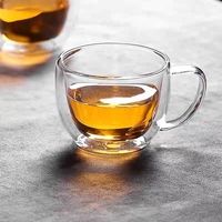 Vente en gros de gobelets en verre borosilicate à double paroi de 150 ml/5 oz, nouveau design, transparent, avec poignée et couvercle, isolés thermiquement, sans BPA