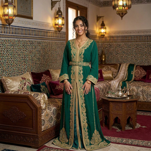 <b>Green</b> Embroidered Silk Kaftan Dress Women Traditional Floor-Length Loose Fit Wedding Attire India Pakistan Style - Product Image 1