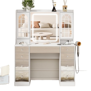 <span class=keywords><strong>Coiffeuse</strong></span> transfrontalière avec miroir, <span class=keywords><strong>LED</strong></span>, prise électrique et tiroir de rangement pour maquillage et chambre - Product Image 5