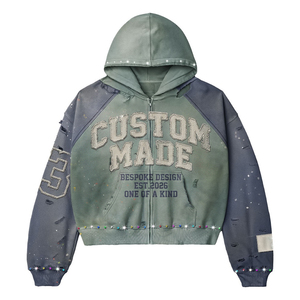 남성용 빈티지 워싱 후드티 커스텀 스트릿웨어 디스트레스드 선페이드 남성용 라인스톤 자수 패치워크 지퍼업 후드티 - Product Image 1