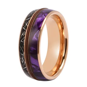 8mm Comfort Guitar String Tungsten Wedding Ring Purple Shell Meteorite Inlay Rose Gold Mens Ring