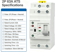 Commutateur de transfert automatique 63A 2P AC 230V, inverseur de source double alimentation, interrupteur sélecteur à montage sur rail DIN pour générateur et système solaire