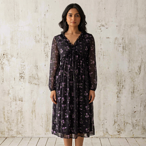 Vestido Midi Romántico de Gasa con Estampado Floral, Cuello con Volantes, Manga Larga, Corte en A, Holgado, Casual de Primavera, Elegante para Mujer - Product Image 1