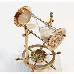 Sablier vintage en laiton antique avec boussole en verre, décoration nautique pour la maison, le bureau ou le bureau de travail - Product Image 1