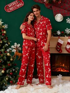 Женский элегантный термокомплект для сна на Рождество: пижама с коротким рукавом, узором оленей и снежинок - Product Image 5