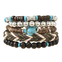 Bracelet rétro DIY multi-couches en fil élastique avec perles en bois et coquille de noix de coco, idéal pour les rendez-vous, les fêtes et les cadeaux.