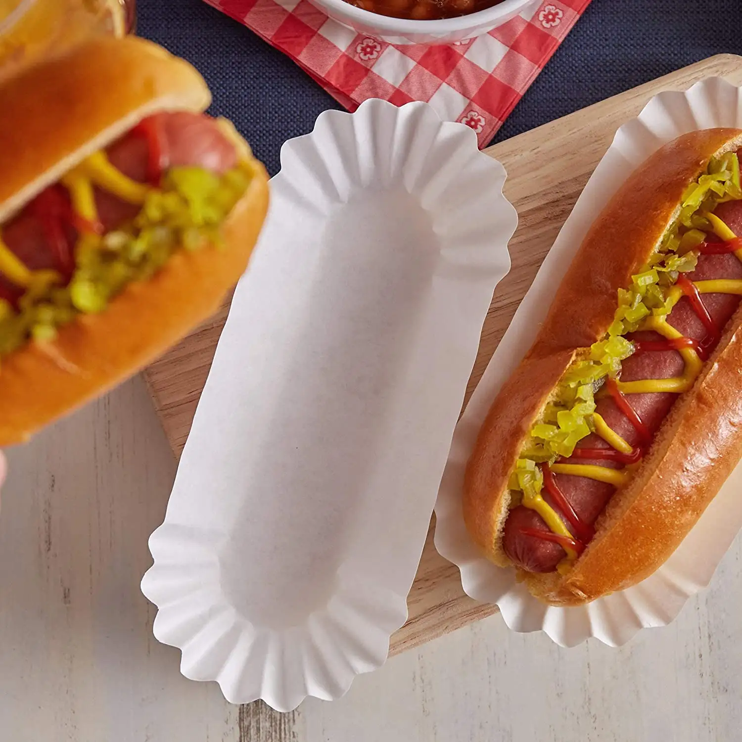 Holesale-bandeja de papel desechable para perros calientes, bote de papel, bandeja de comida