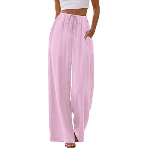 Pantalones Anchos de Mujer, Cintura Alta, con Cordón, Color Rosa, Transpirables, de Punto, para Primavera/Verano, Playa, Vacaciones, Ropa Casual, Talla M - Product Image 2