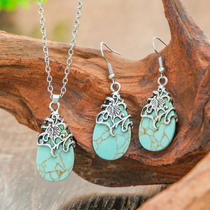 Parures de bijoux vintage en forme de goutte d'eau, pierre turquoise, collier et boucles d'oreilles plaqués argent 925 pour femmes, à porter au quotidien - Product Image 1