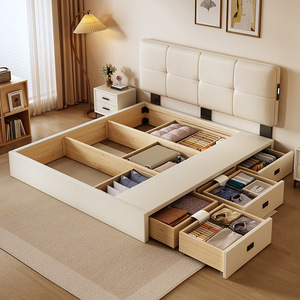 Самая продаваемая мягкая кровать для главной спальни с регулируемой высотой, обивкой из кожи, спинкой и вместительным ящиком для хранения из массива дерева - Product Image 5