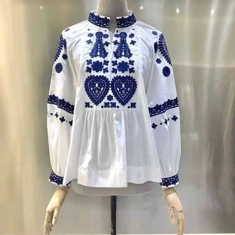 Tops Fashion Designer Blouses 2023 Spring Summer Style Ladies Sweetheart Embroidery Long Sleeve Casual White Black Tops Blouse