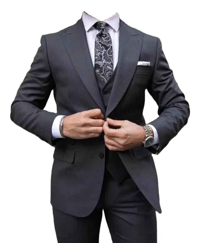 Men's Suits Dark Grey Men 3 Pieces Peaked Lapel Single Breasted Business Office Wear Blazer Tuxedos Groom Wedding Suit Coat Vest