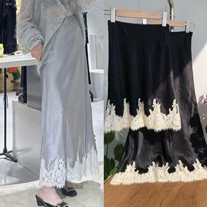 Jupe d'été respirante mi-longue en acétate à biais, style vintage français romantique, avec dentelle et taille naturelle pour femme - Product Image 3