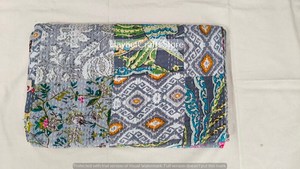 Handmade Indian Floral Printed Kantha Quilt Organic Cotton Traditional Home Decor All Season Green White Pattern - Product Image 4