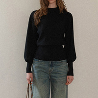 Pull en maille court pour femme, coupe ajustée à la taille, col montant, manches lanternes, style minimaliste chic et décontracté, personnalisé